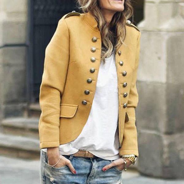 women fashion gold double breasted blazers 2020 new ladies solid color long sleeve suit jackets office autumn winter cardigans, White;black 
women fashion gold double breasted blazers 2020 new ladies solid color long sleeve suit jackets office autumn winter cardigans, White;black