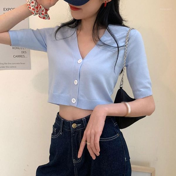 2020 knitted t shirt for women fashion wild v-neck short sleeved t-shirt slim button cardigan crop 1, White
2020 knitted t shirt for women fashion wild v-neck short sleeved t-shirt slim button cardigan crop 1, White
