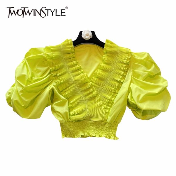 twotwinstyle elegant loose women shirt v neck puff short tunic patchwork ruffles blouse for femlae clothing spring fashion lj200811, White
twotwinstyle elegant loose women shirt v neck puff short tunic patchwork ruffles blouse for femlae clothing spring fashion lj200811, White