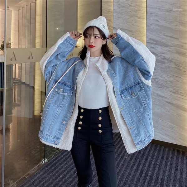 2021 women short coat women autumn and winter new wild loose thick denim stitching fake two-piece anti-lamb wool w41, Black;brown
2021 women short coat women autumn and winter new wild loose thick denim stitching fake two-piece anti-lamb wool w41, Black;brown