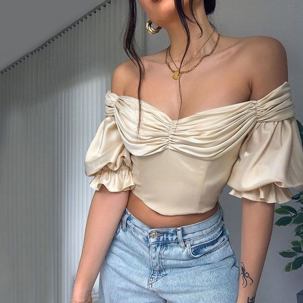 2021 new summer french romance elegant slash neck t shirt women low cut puff sleeve fashion party wear casual vacation tee, White
2021 new summer french romance elegant slash neck t shirt women low cut puff sleeve fashion party wear casual vacation tee, White