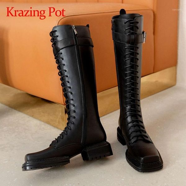 krazing pot cow leather square toe med heel motorcycle boots european style cross-tied handsome young lady knee-high boots l871, Black
krazing pot cow leather square toe med heel motorcycle boots european style cross-tied handsome young lady knee-high boots l871, Black