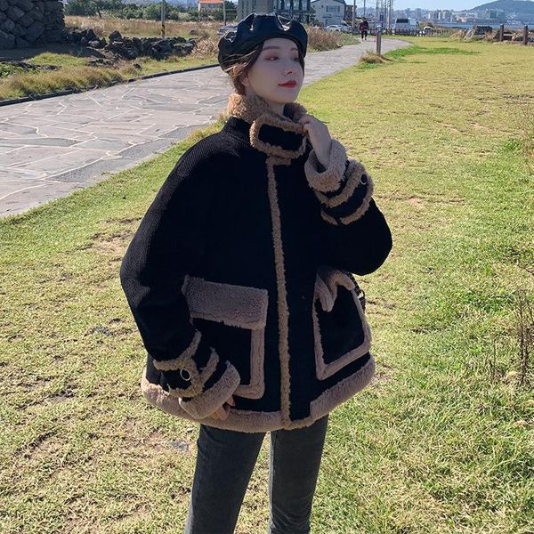 women's fur & faux women fashion corduroy thicken lambswool lined coat korean 2021 autumn winter integration of warm casual loose outer, Black
women's fur & faux women fashion corduroy thicken lambswool lined coat korean 2021 autumn winter integration of warm casual loose outer, Black