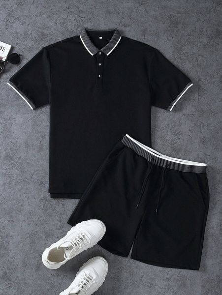 men striped contrast binding polo tee with shorts 109d#, Gray 
men striped contrast binding polo tee with shorts 109d#, Gray
