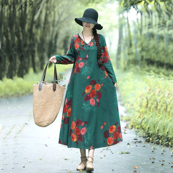 casual dresses 2021 vintage women maxi floral dress plus size long sleeves pockets v neck cotton linen loose robe vestidos v1733, Black;gray
casual dresses 2021 vintage women maxi floral dress plus size long sleeves pockets v neck cotton linen loose robe vestidos v1733, Black;gray