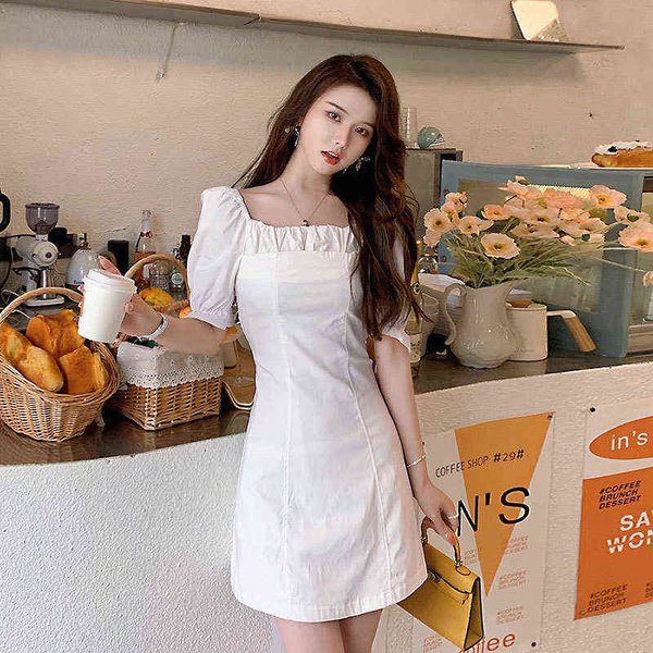 casual dresses french white square neck dr's 2022 summer harvt waist thin temperament gentle wind pleated short skirt, Black;gray 
casual dresses french white square neck dr's 2022 summer harvt waist thin temperament gentle wind pleated short skirt, Black;gray