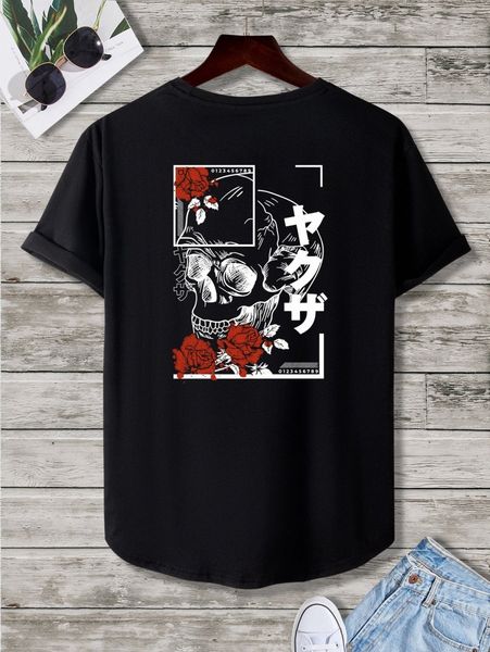 men floral & skull print high low hem tee s3d7#, White;black
men floral & skull print high low hem tee s3d7#, White;black