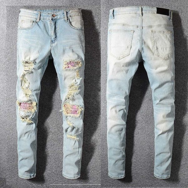 men's jeans high street tide brand hole breaking flower patch beggar beige slim fit small foot elastic personalized jeans, Blue
men's jeans high street tide brand hole breaking flower patch beggar beige slim fit small foot elastic personalized jeans, Blue