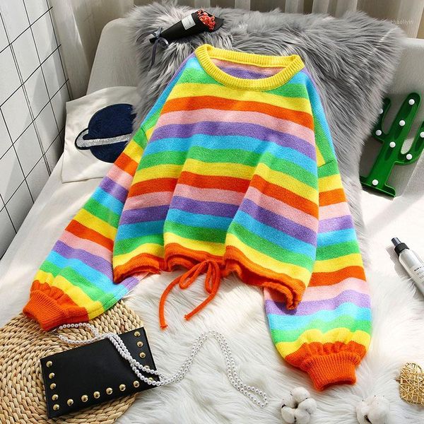 rainbow knitted striped women sweaters and pullovers 2020 winter new o-neck lantern sleeved loose drawstring loose female pulls1, White;black
rainbow knitted striped women sweaters and pullovers 2020 winter new o-neck lantern sleeved loose drawstring loose female pulls1, White;black