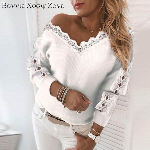 women v-neck lace trim ribbed cutout long sleeve sweater plain patchwork sweaters, White;black
women v-neck lace trim ribbed cutout long sleeve sweater plain patchwork sweaters, White;black
