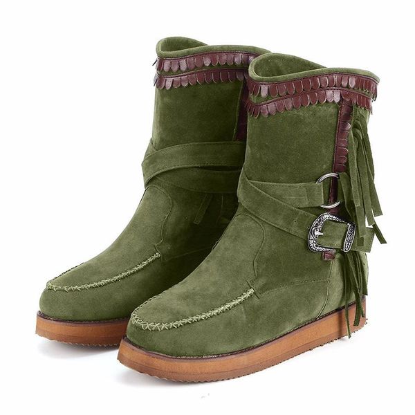 boots pu leather booties winter warm snow with tassels soft sole rubber fur shoes, Black