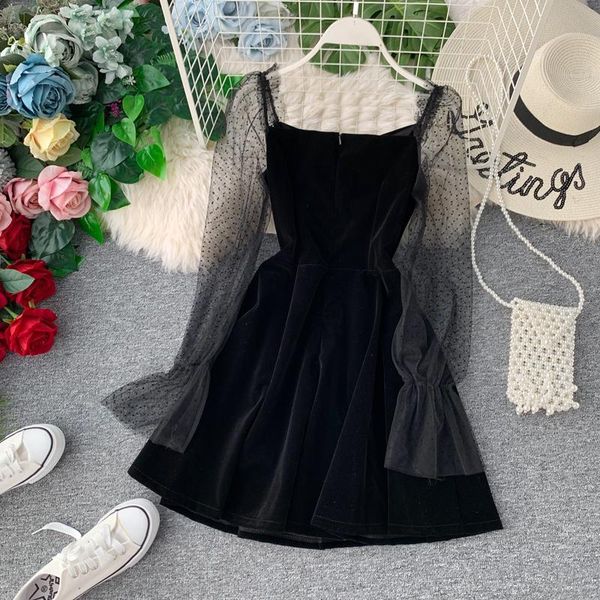 summer women's dress korean style splicing mesh long-sleeved dress new solid color gold velvet a-line female dresses gx339, Black;gray
summer women's dress korean style splicing mesh long-sleeved dress new solid color gold velvet a-line female dresses gx339, Black;gray