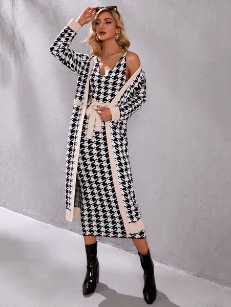 houndstooth pattern contrast trim drop shoulder cardigan 97sq#, White
houndstooth pattern contrast trim drop shoulder cardigan 97sq#, White