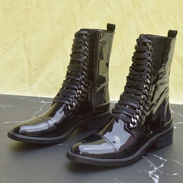 punk style metal chains lace up boots women low square heels ankle ladies patent leather motorcycle shoes, Black
punk style metal chains lace up boots women low square heels ankle ladies patent leather motorcycle shoes, Black