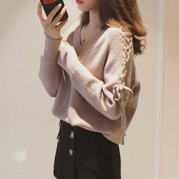 women's sweaters sweater 2021 autumn and winter style wild loose straps strapless long-sleeved women wear v-neck retro pullover, White;black
women's sweaters sweater 2021 autumn and winter style wild loose straps strapless long-sleeved women wear v-neck retro pullover, White;black