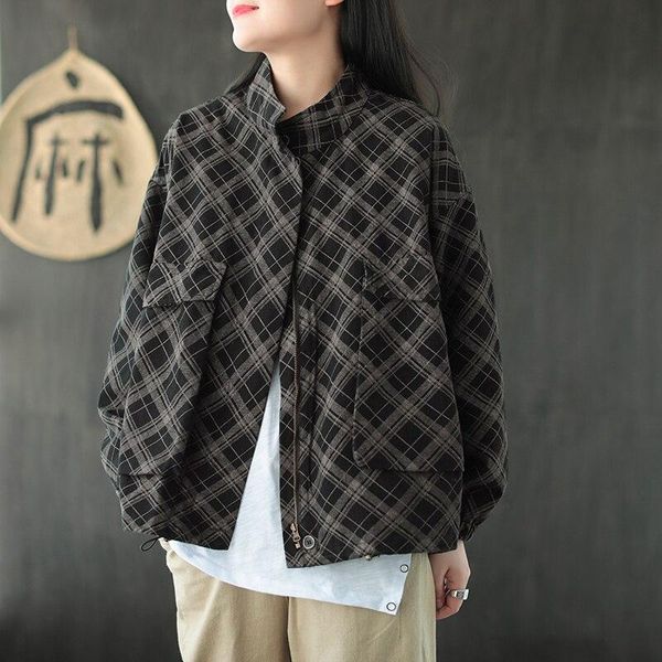 women's jackets fairynatural autumn spring ladies winter vintage loose stand zipper plaid pocket casual female 2021 coat, Black;brown
women's jackets fairynatural autumn spring ladies winter vintage loose stand zipper plaid pocket casual female 2021 coat, Black;brown
