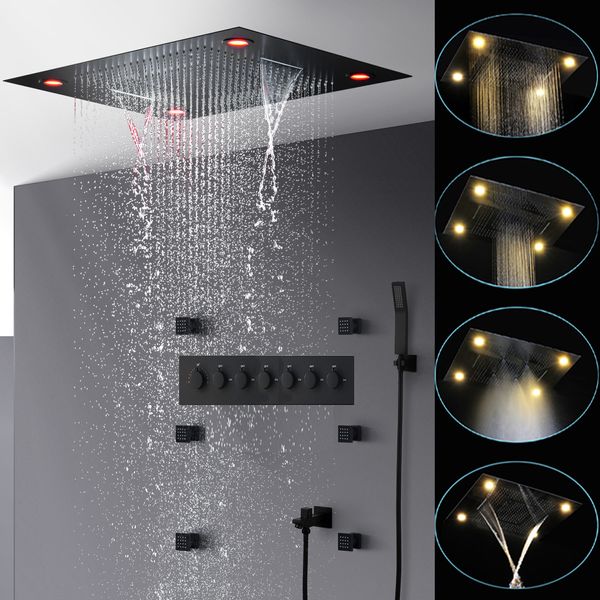 

Bathroom Accessories Black Shower Set 6 Functions Rainfall Waterfall Misty Large LED Showerhead 600x800mm Thermostatic Mixer Faucets Massage Body Jets