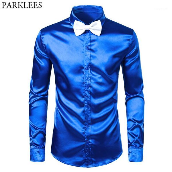 men's royal blue silk satin dress shirts with white bowtie 2019 new slim fit long sleeve men tuxedo shirt for party wedding 3xl1, White;black
men's royal blue silk satin dress shirts with white bowtie 2019 new slim fit long sleeve men tuxedo shirt for party wedding 3xl1, White;black