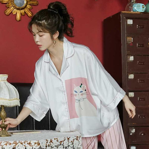 women's sleepwear pajamas women spring and summer suits casual bat sleeves cat long sleeve trousers cute ice silk home service pijamas, Black;red
women's sleepwear pajamas women spring and summer suits casual bat sleeves cat long sleeve trousers cute ice silk home service pijamas, Black;red