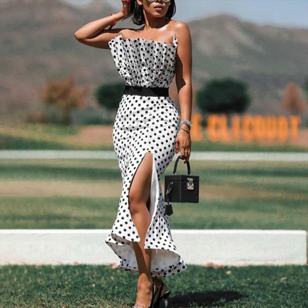 women tube dresses polka dot bodycon side slit with waist belt party slim vestido african event celebrate occasion new, Black;gray
women tube dresses polka dot bodycon side slit with waist belt party slim vestido african event celebrate occasion new, Black;gray