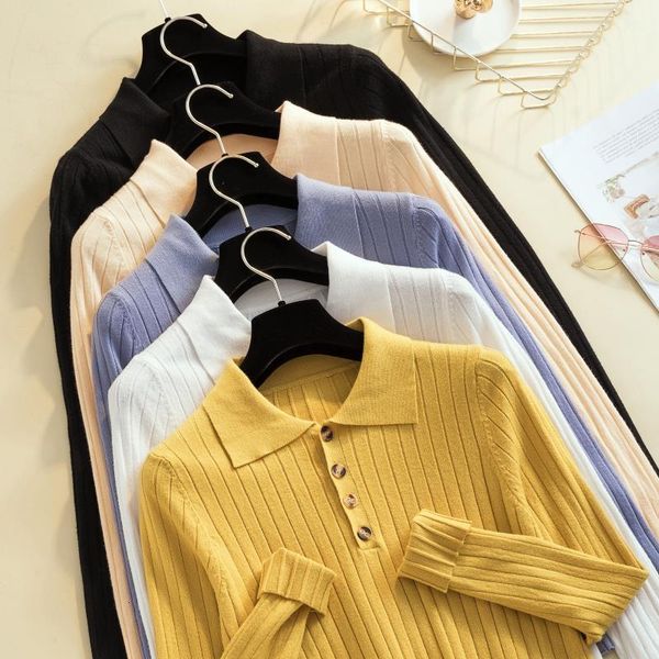 women turn down collar casual pure button slim sweater polyester 2021 autumn long sleeve jumper solid pullover winter knitted top, White;black
women turn down collar casual pure button slim sweater polyester 2021 autumn long sleeve jumper solid pullover winter knitted top, White;black
