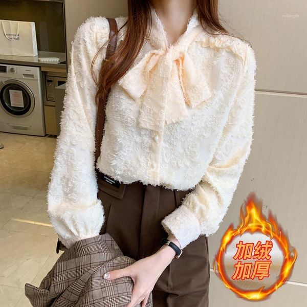 make new winter han edition joker bowknot lace-up with velvet thickening long-sleeved blouse1, White
make new winter han edition joker bowknot lace-up with velvet thickening long-sleeved blouse1, White