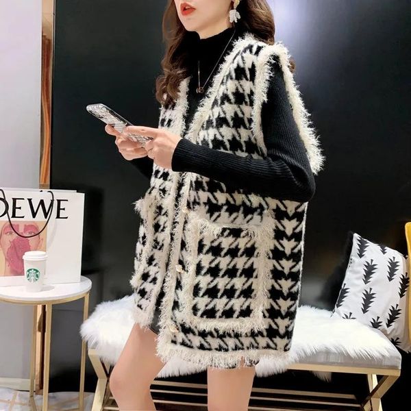 women's vests imitation mink velvet houndstooth fringed sweater vest cardigan women autumn winter loose small fragrant knit, Black;white
women's vests imitation mink velvet houndstooth fringed sweater vest cardigan women autumn winter loose small fragrant knit, Black;white