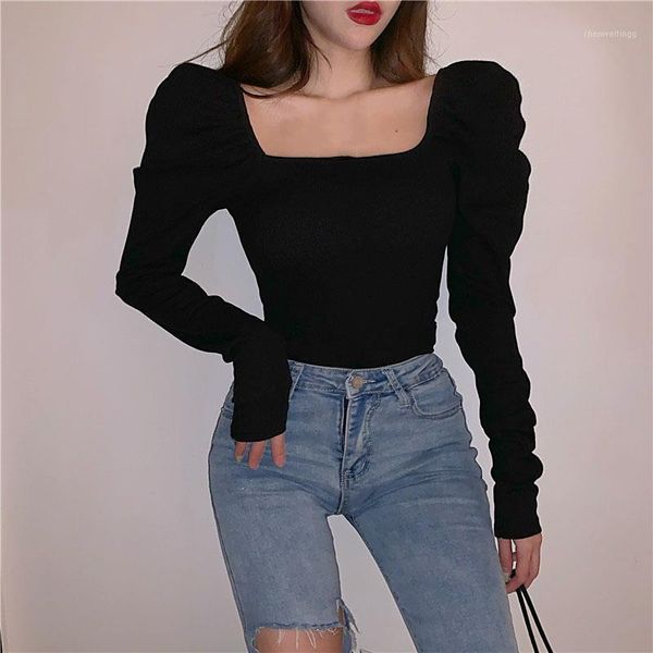 women new slim puff sleeve t-shirt spring cotton solid color t-shirt fashion vintage casual square collar1, White
women new slim puff sleeve t-shirt spring cotton solid color t-shirt fashion vintage casual square collar1, White