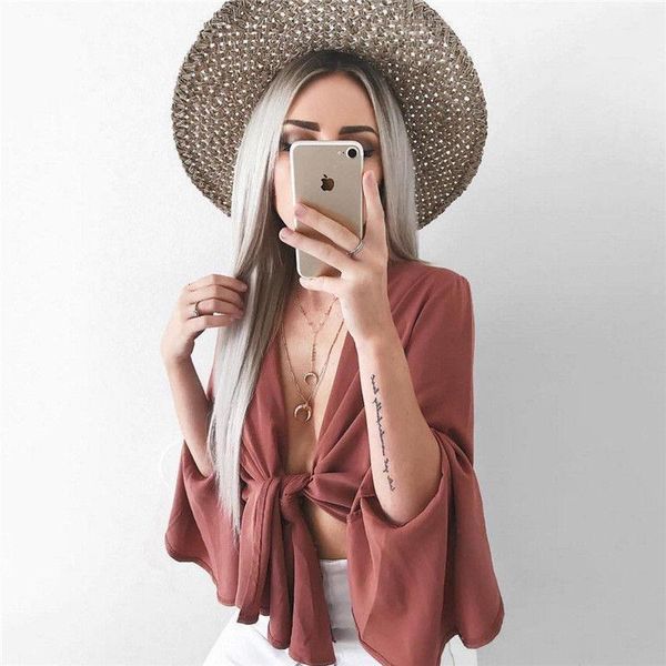 women blouses new long flare sleeve bandage blouse v neck shirts solid color crop womens clothes, White
women blouses new long flare sleeve bandage blouse v neck shirts solid color crop womens clothes, White