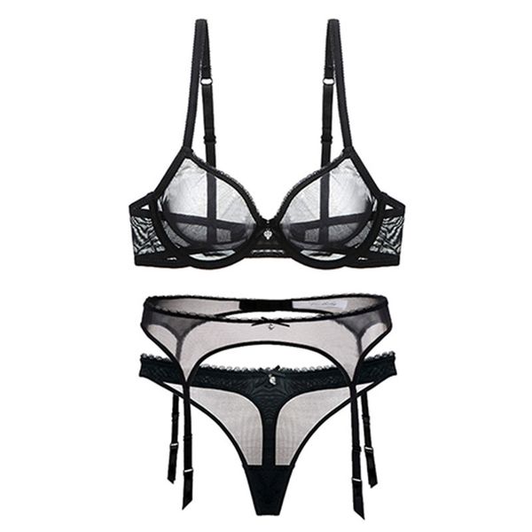 maison gabrielle transparent tulle lingerie set women's underwear 3pcs underwired bra thong panties girdles garters sexy, Black;white 
maison gabrielle transparent tulle lingerie set women's underwear 3pcs underwired bra thong panties girdles garters sexy, Black;white