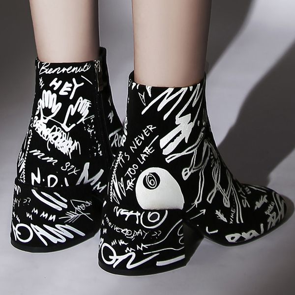 brand design graffiti ankle boots zipper chunky high heel booties genuine leather winter boots for girls zapatos, Black
brand design graffiti ankle boots zipper chunky high heel booties genuine leather winter boots for girls zapatos, Black