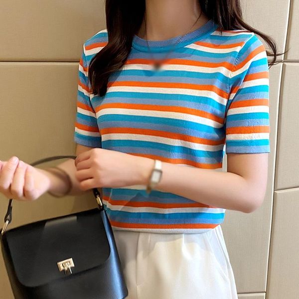 women's t-shirt fashion contrast round neck color stripes t-shirts 2021 summer short sleeve base top, White
women's t-shirt fashion contrast round neck color stripes t-shirts 2021 summer short sleeve base top, White