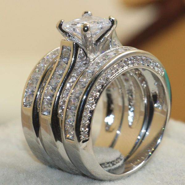 

SZ 5-11 Victoria Wieck Women Luxury Jewelry 7mm Princess cut White Sapphire Simulated Diamond Gem 925 Sterling Silver Wedding 3IN1 Band Ring