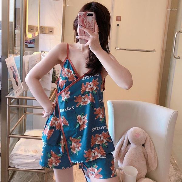 july's song summer women's pajamas sets straped slings and shorts floral printed irregular sleepwear cotton pijamas female1, Black;red
july's song summer women's pajamas sets straped slings and shorts floral printed irregular sleepwear cotton pijamas female1, Black;red