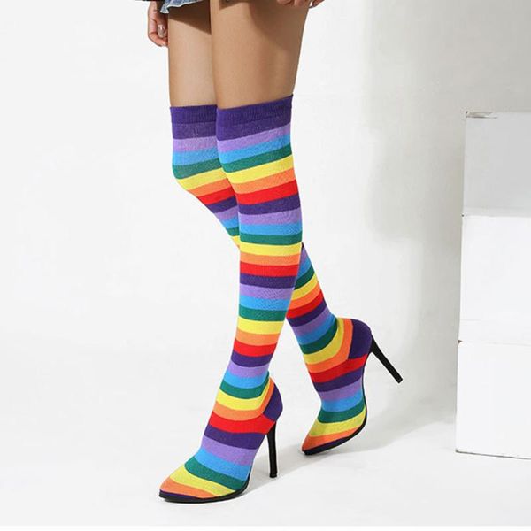 women rainbow over the knee boots women's stripe thigh high long boot female pointed toe super thin high heel ladies sock shoes, Black
women rainbow over the knee boots women's stripe thigh high long boot female pointed toe super thin high heel ladies sock shoes, Black