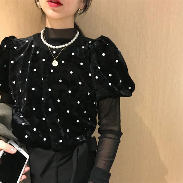 women's t-shirt 2021 korean fashion vintage black polk dot t shirt short puff sleeve casual velvet women tee femme, White
women's t-shirt 2021 korean fashion vintage black polk dot t shirt short puff sleeve casual velvet women tee femme, White