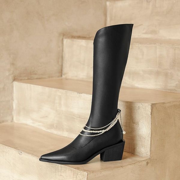 new winter style knee-high boots genuine leather women boots warm pointed pearl fashion women shoes, Black
new winter style knee-high boots genuine leather women boots warm pointed pearl fashion women shoes, Black