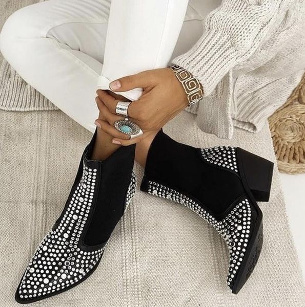 design new square heels classic fashion rivets elastic ankle boots fashion shoes women boots, Black
design new square heels classic fashion rivets elastic ankle boots fashion shoes women boots, Black