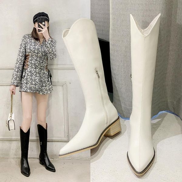 boots genuine leather 2021 winter women pointed toe cowboy shoes, Black