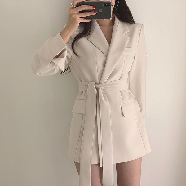 women's suits & blazers 2021 korean women office elegant black beige blazer jacket long outwear sashes autumn fashion, White;black
women's suits & blazers 2021 korean women office elegant black beige blazer jacket long outwear sashes autumn fashion, White;black