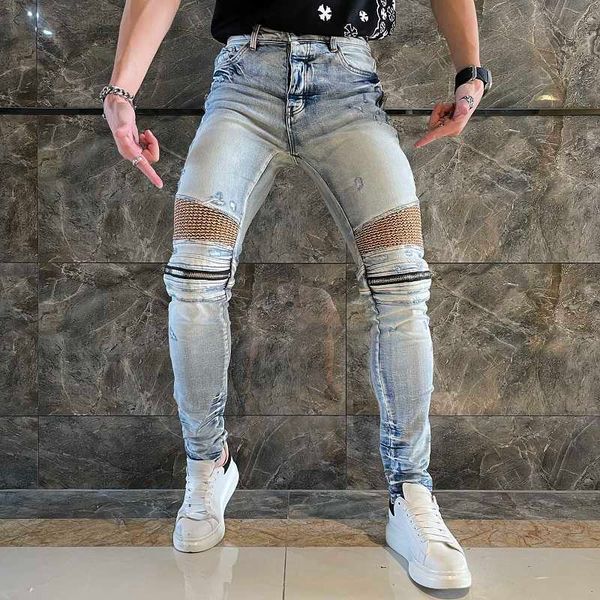 men's jeans high street tide brand heavy industry pasted cloth stitching locomotive slim fit men's jeans knee zipper perforated le, Blue
men's jeans high street tide brand heavy industry pasted cloth stitching locomotive slim fit men's jeans knee zipper perforated le, Blue