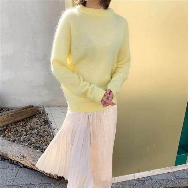 women sweater 2020 autumn and winter bright little lemon bright yellow mohair wool blend knit sweater, White;black
women sweater 2020 autumn and winter bright little lemon bright yellow mohair wool blend knit sweater, White;black