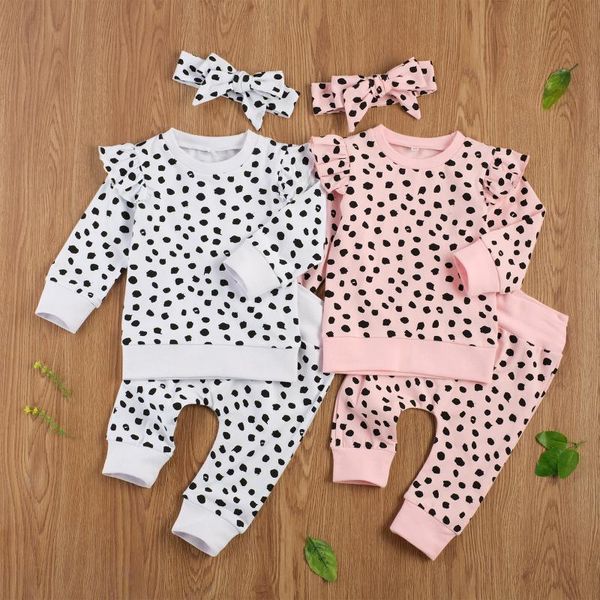 casual 0-24m infant baby girl clothing 3pcs leopard print ruffle long sleeve sweatshirt+harem pants+headband set, White