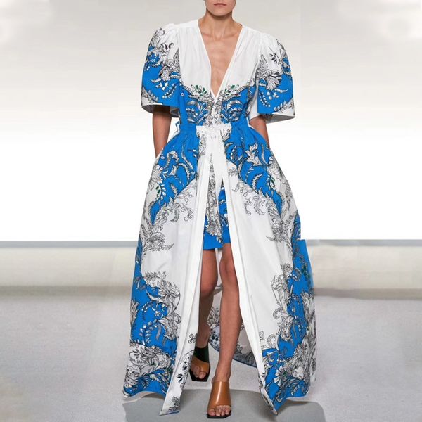 2020 spring new fashion v-neck bubble mid-sleeve floral print jumpsuit tied catwalk high waist skirt ing, Black;white 
2020 spring new fashion v-neck bubble mid-sleeve floral print jumpsuit tied catwalk high waist skirt ing, Black;white