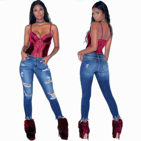 women's jeans style frilled with holes at the foot1, Blue