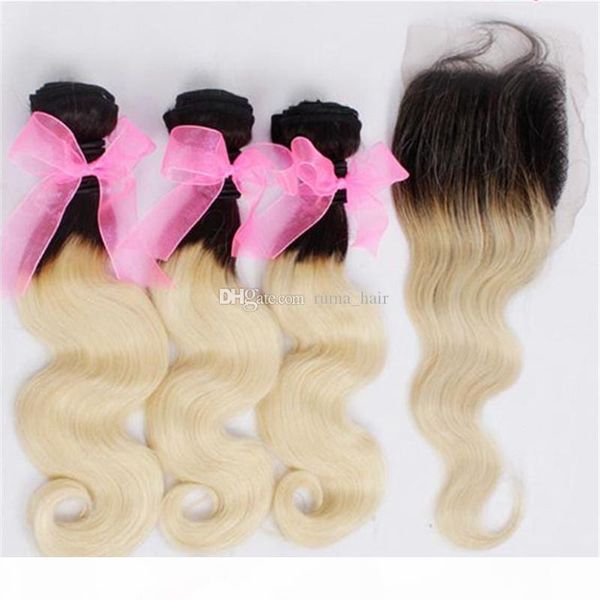 two tone malaysian virgin unprocess hair body wave with closure 613 blonde ombre hair weaves with 4*4 lace closure remy human hair extension, Black;brown