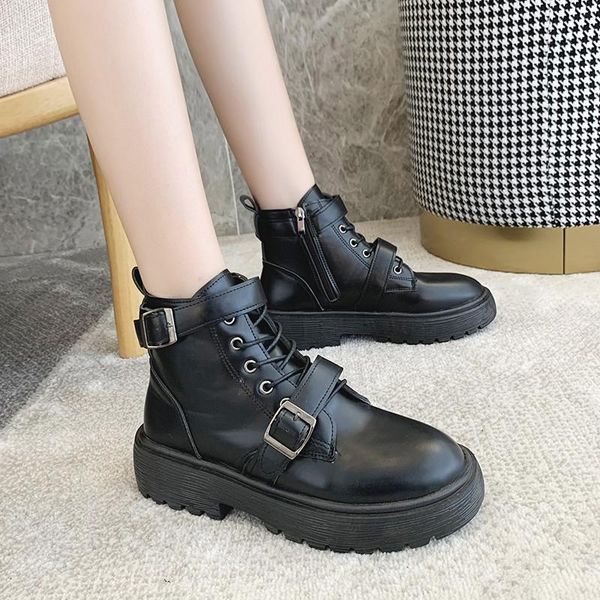 lady boots ankle booties women brand women's shoes round toe boots-women zipper flat heel ladies low fashion rock 2020 autumn, Black