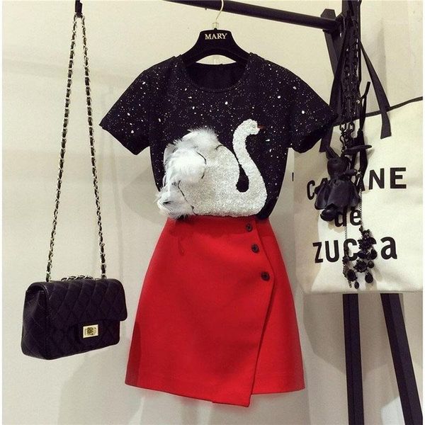 2020 new summer two piece female sets embroidery sequined swan black short sleeve t-shirt + red a-line short skirt suits1, White
2020 new summer two piece female sets embroidery sequined swan black short sleeve t-shirt + red a-line short skirt suits1, White