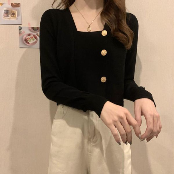 japan style korean fashion sweater winter autumn popular simple button decoration square collar long sleeve, White;black
japan style korean fashion sweater winter autumn popular simple button decoration square collar long sleeve, White;black