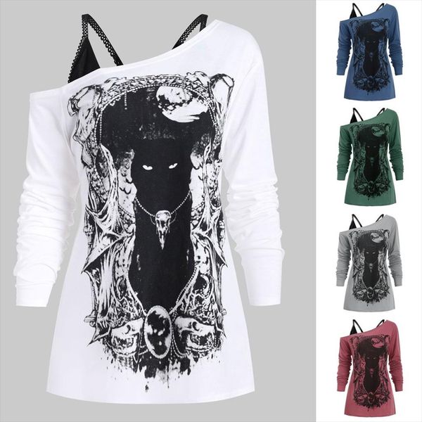 fashion blouse women shirt skew neck cold shoulder cartoon print gothic tee with cami women z4, White
fashion blouse women shirt skew neck cold shoulder cartoon print gothic tee with cami women z4, White